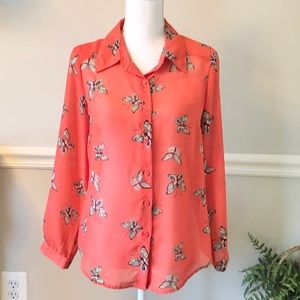 AGB Petite Coral Sheer Collared Long Sleeve Butterfly Blouse Size MP